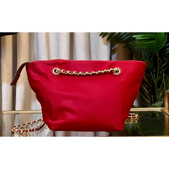 Tory Burch Red Nylon Chain Crossbody Tote With Logo Embossed Patch & Gold Accent - Picture 4 of 11